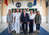 Ms. Tracy Roberts-Pounds,  U.S. Consul General in Naples, left, Vice Adm. J.T. Anderson, center left, commander of U.S. 6th Fleet (C6F), Ambassador Tilman J. Fertitta, center, U.S. Ambassador to Italy and San Marino, Mrs. Lauren Fertitta, center right, spouse of U.S. Ambassador to Italy Tilman Fertitta, and Ms. Juliet Beyler, executive director of U.S. Naval Forces Europe-Africa