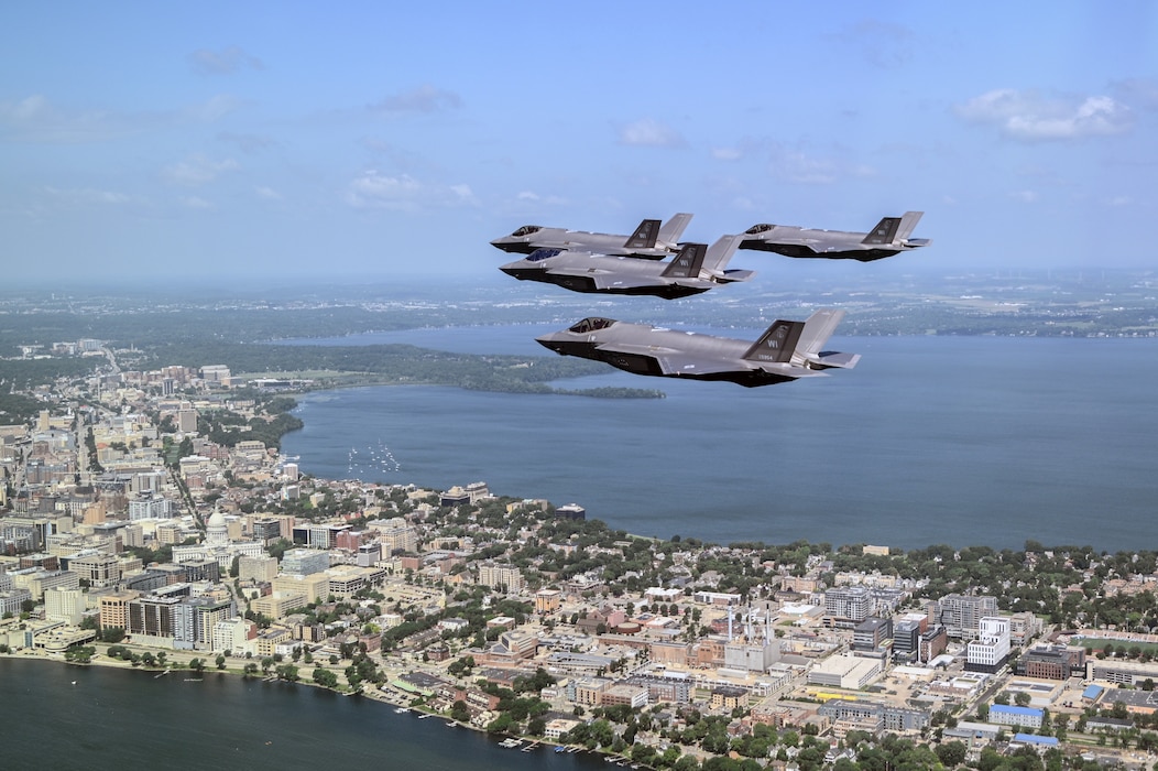 F-35A flying over city