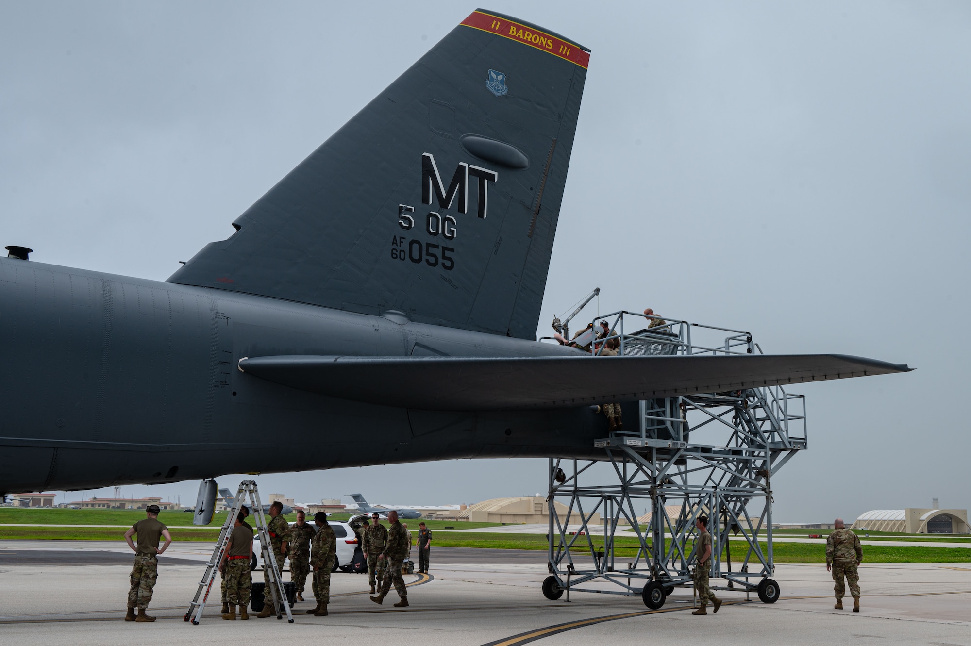 A U.S. Air Force B-52H Stratofortress assigned to the 23rd Expeditionary Bomb Squadron, Minot Air Force Base, North Dakota, receives post-flight maintenance after a Bomber Task Force mission at Andersen Air Force Base, Guam, July 7, 2025. The U.S. demonstrates commitment to allies and partners, including those in the Indo-Pacific, through the global employment of military forces, such as regular BTF deployments. (U.S. Air Force photo by Airman 1st Class Vincent Padilla)