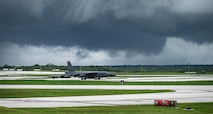 A U.S. Air Force B-52H Stratofortress, assigned to the 23rd Expeditionary Bomb Squadron, Minot Air Force Base, North Dakota, lands on the flight line in support of a Bomber Task Force mission at Andersen Air Force Base, Guam, July 7, 2025. The BTF missions employ U.S. strategic bombers globally, providing a strategic advantage to achieve national and combatant commander objectives. (U.S. Air Force photo by Senior Airman Alyssa Bankston)
