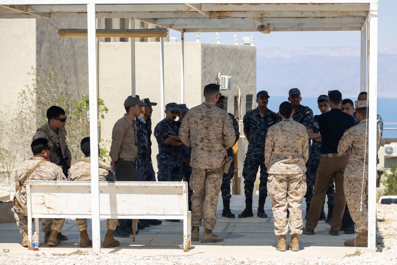 U.S. Navy Corpsmen with 2nd Medical Battalion, 2nd Marine Logistics Group; U.S. Marines with Combat Logistics Regiment 27, 2nd MLG; and Jordanian Marines with the 77th Marine Battalion gather for a subject matter expert exchange following a certification exercise as part of exercise Native Fury 25 in Jordan, June 26, 2025. Native Fury 25 is a biennial exercise focused on the demonstration of the rapid offload and integration of a Maritime Prepositioned Force in the U.S. Central Command area of responsibility in support of regional security, crisis response, and contingency operations. (U.S. Marine Corps photo by Lance Cpl. Isabella Ramos)