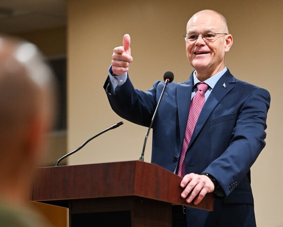 Retired Chief Master Sgt. of the Air Force James A. Roy highlights the expansion of educational resources for Airmen during the Professional Development Center grand opening at Joint Base Charleston.