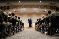 Retired Chief Master Sgt. of the Air Force James A. Roy speaks to attendees during the Professional Development Center grand opening at Joint Base Charleston.