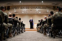 Retired Chief Master Sgt. of the Air Force James A. Roy speaks to attendees during the Professional Development Center grand opening at Joint Base Charleston.