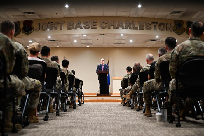 Retired Chief Master Sgt. of the Air Force James A. Roy speaks to attendees during the Professional Development Center grand opening at Joint Base Charleston.