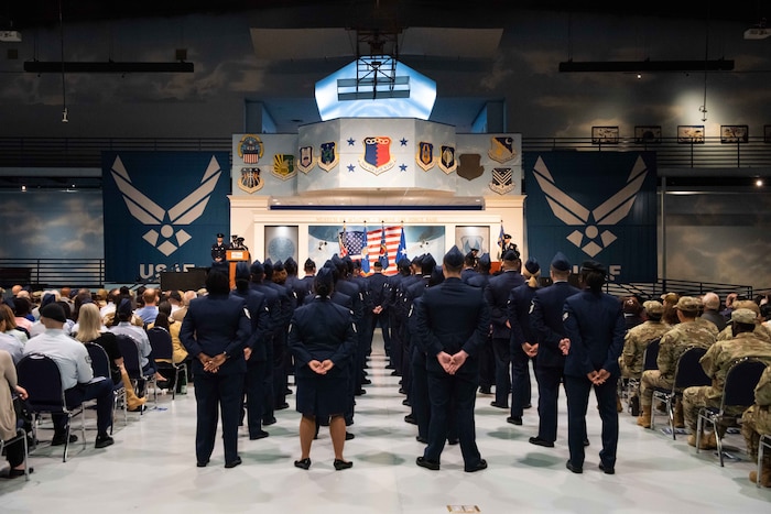 Col. Johari Hemphill addresses his Airmen and guests for the first time as commander of the 78th Air Base Wing during his change of command ceremony at Robins Air Force Base, Georgia, July 9, 2025.