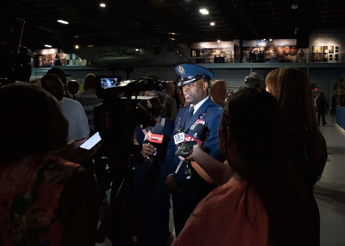 Col. Johari Hemphill being interviewed by local new outlets at the 78th Air Base Wing change of command ceremony, at Robins AFB, Georgia, July 9, 2025