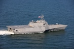 MOBILE, Ala - The future USS Pierre (LCS 38) conducts sea trials in Mobile, Alabama, June 2025. Pierre is the 19th and final ship marking the completion of the Independence-variant littoral combat ship (LCS) construction phase. (Photo courtesy of Austal USA)