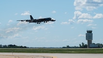 A B-52H Stratofortress carrying North Dakota Gov. Kelly Armstrong takes off from Minot Air Force Base, North Dakota, during an orientation flight, June 30, 2025. The flight departed the base, flew over Bismarck, North Dakota, then returned to Minot AFB. (U.S. Air Force photo by Senior Airman Kendra A. Ransum)