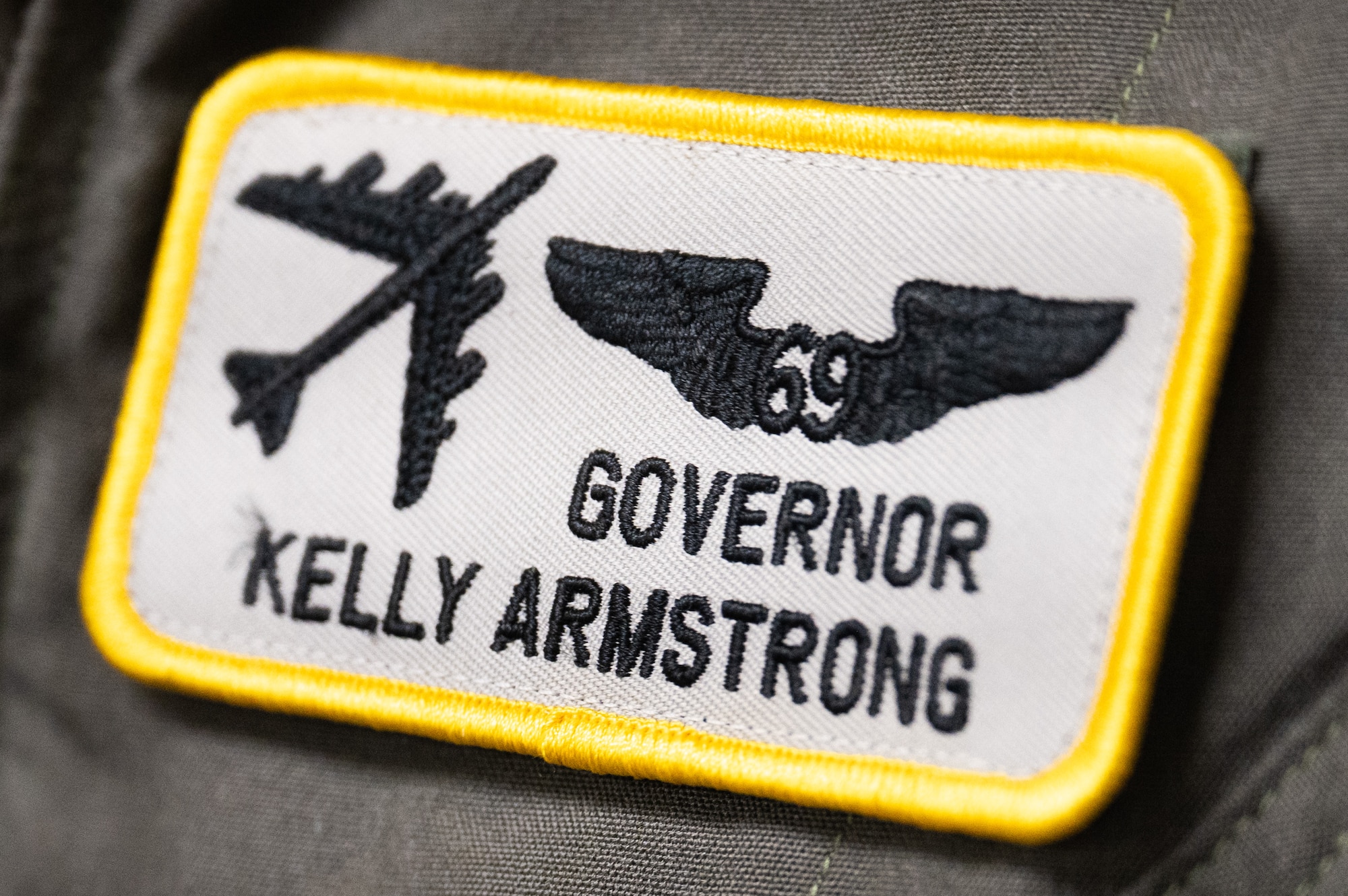 North Dakota Gov. Kelly Armstrong was provided a custom flight suit patch to wear during an orientation flight at Minot Air Force Base, North Dakota, June 30, 2025. During his visit, Armstrong met with Team Minot Airmen and flew in a B-52H Stratofortress. (U.S. Air Force photo by Senior Airman Kendra A. Ransum)