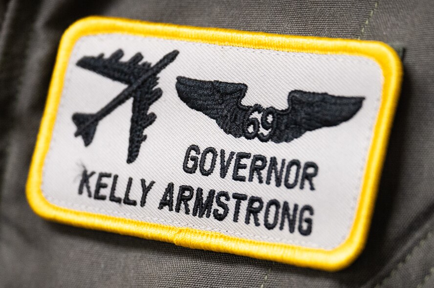 North Dakota Gov. Kelly Armstrong was provided a custom flight suit patch to wear during an orientation flight at Minot Air Force Base, North Dakota, June 30, 2025. During his visit, Armstrong met with Team Minot Airmen and flew in a B-52H Stratofortress. (U.S. Air Force photo by Senior Airman Kendra A. Ransum)
