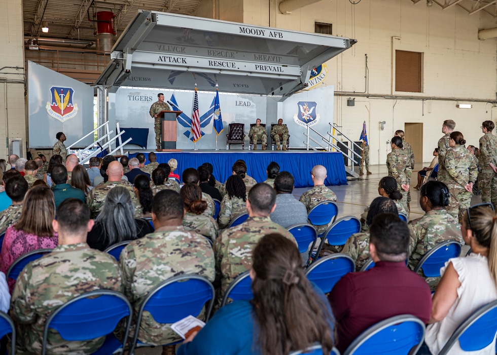 U.S. Air Force Col. Paul Sheets, 23rd Wing commander, gives a speech during a change of command ceremony at Moody Air Force Base, Georgia, July 11, 2025. His remarks highlighted the dedication of 23rd MDG personnel and the importance of continuity in leadership. (U.S. Air Force photo by Senior Airman Leonid Soubbotine)