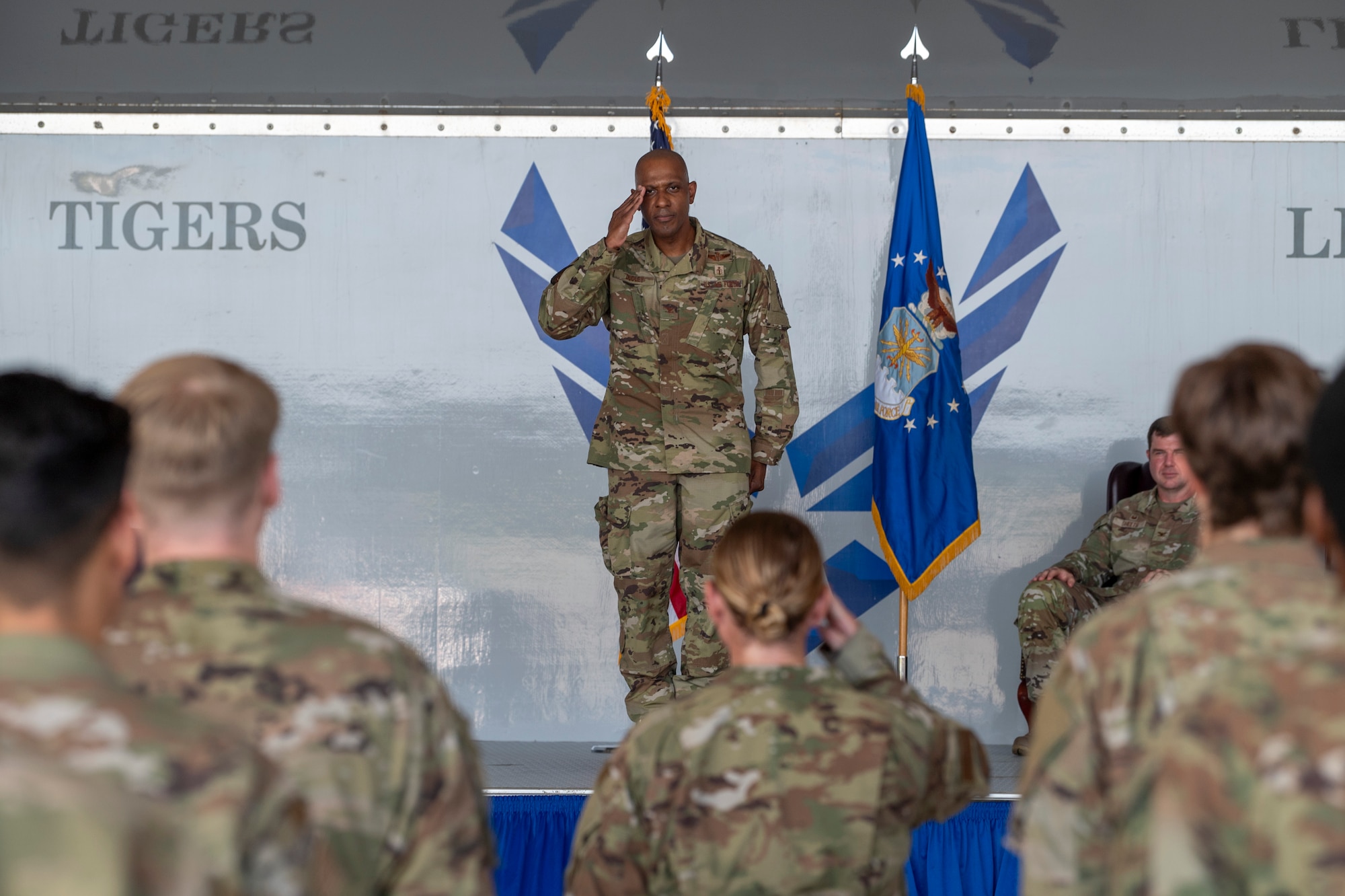 U.S. Air Force Col. Mark Dudley receives his first salute during a change of command ceremony at Moody Air Force Base, Georgia, July 11, 2025. The moment symbolized the formal recognition of his authority by the Airmen he now leads. (U.S. Air Force photo by Senior Airman Leonid Soubbotine)