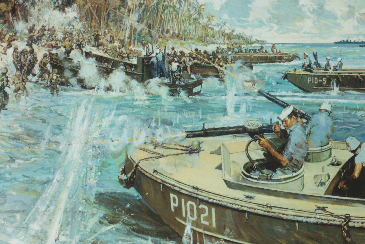A painting shows Coast Guardsmen in small boats shooting guns as Marines prepare to board vessels from a tropical island.