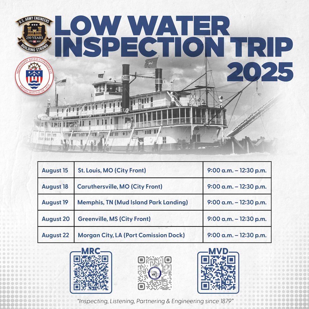 A graphic with the schedule of the 2025 low water public hearings
