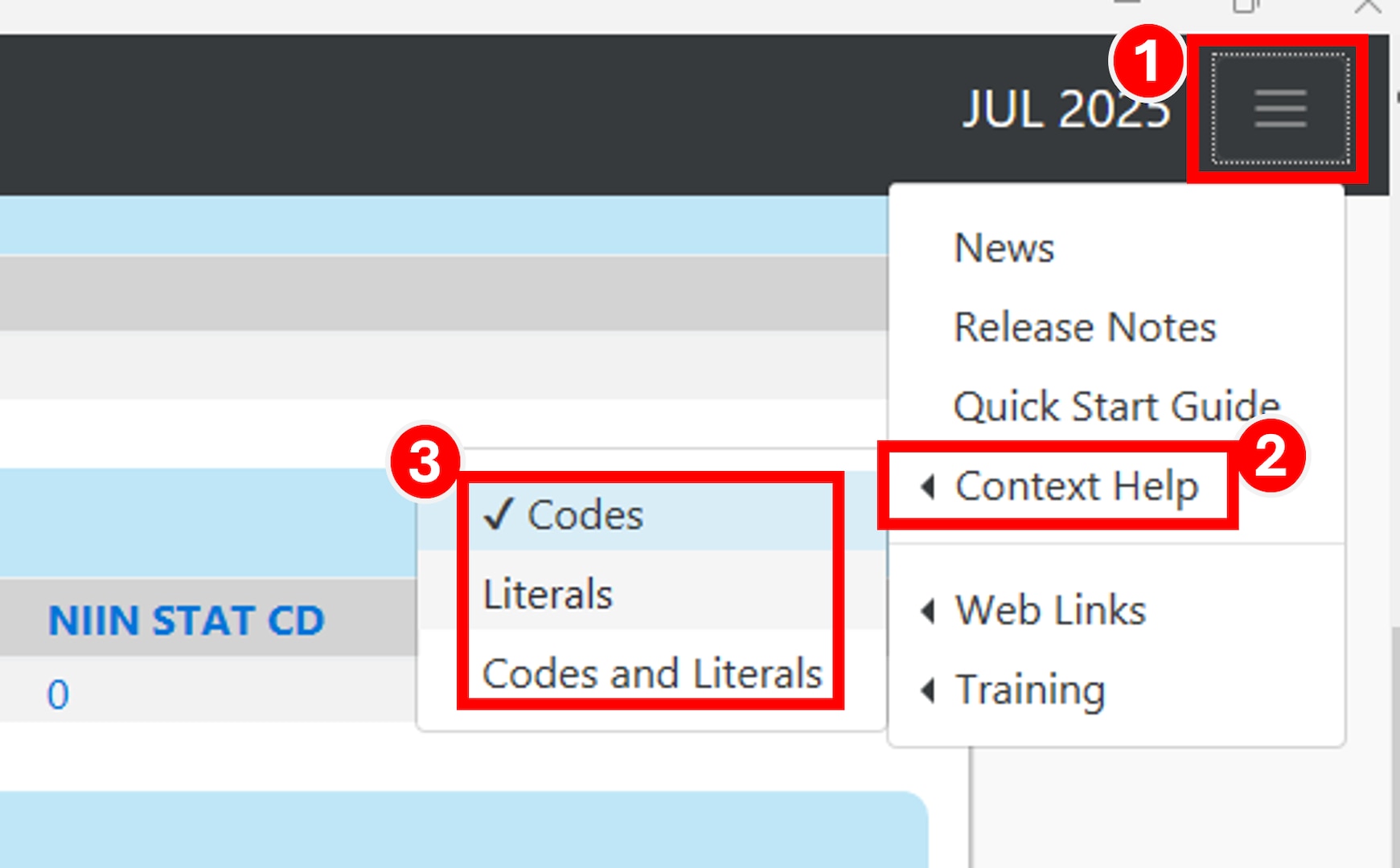 To change the context help setting for the IMD2 PUB LOG system: 1. Select the hamburger menu icon beside the date; 2. Select the Context Help menu option; 3. Select one of the desired Context Help settings.