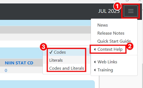 To change the context help setting for the IMD2 PUB LOG system: 1. Select the hamburger menu icon beside the date; 2. Select the Context Help menu option; 3. Select one of the desired Context Help settings.