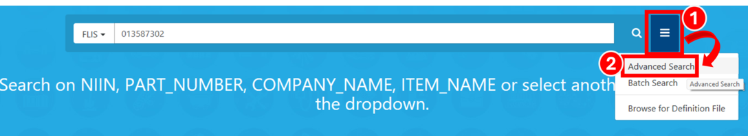 IMD2 PUB LOG system selecting the hamburger menu first and then the Advanced search dropdown option