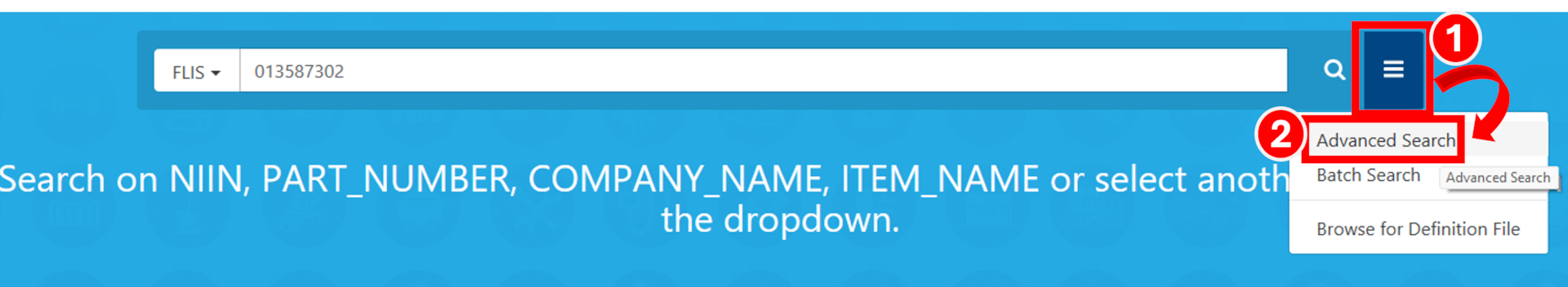 IMD2 PUB LOG system selecting the hamburger menu first and then the Advanced search dropdown option