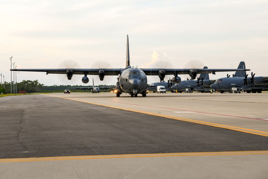 An AC-130J aircrew assigned to the  919h Special Operations Wing taxis an AC-130J Ghostrider gunship at Hurlburt Field, Florida, July 9, 2025. The wing’s mission is evolving and now includes an operational AC-130J squadron based at Hurlburt Field marked by a ceremony held July 11, 2025. The AC-130J provides ground forces an expeditionary, direct-fire platform that is persistent, ideally suited for urban operations and delivers precision low-yield munitions against ground targets. (U.S. Air Force photo by Lt. Col. James Wilson)
