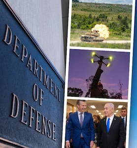 An art graphic shows three pictures of a tank, a drone and two people in suits, all next to the Department of Defense sign.