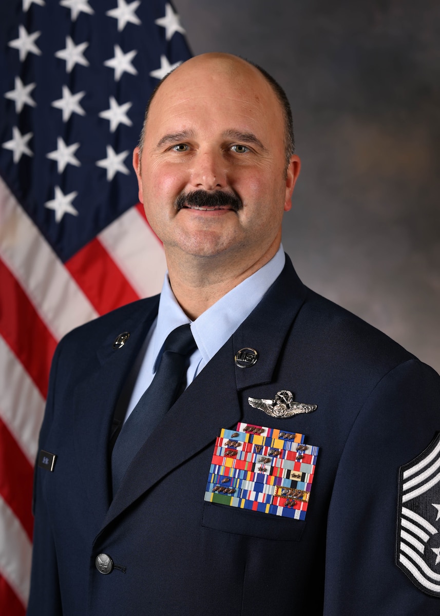 Official photo of Chief Master Sgt. Jon Adams, 97th Air Mobility Wing command chief.