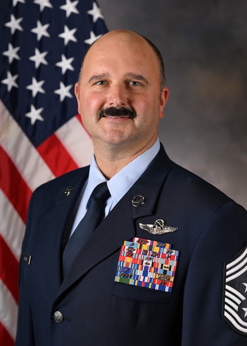 Official photo of Chief Master Sgt. Jon Adams, 97th Air Mobility Wing command chief.