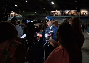 Col. Johari Hemphill being interviewed by local new outlets at the 78th Air Base Wing change of command ceremony, at Robins AFB, Georgia, July 9, 2025
