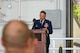 U.S. Air Force Reserve Lt. Col. John Duke, outgoing 711th Special Operations Squadron commander, delivers a speech during a change of command ceremony at Hurlburt Field, Florida, July 11, 2025. In addition to the change of command, the event marked the squadron’s transition to an operational AC-130J Ghostrider gunship mission.  (U.S. Air Force photo by Liz Easterling)