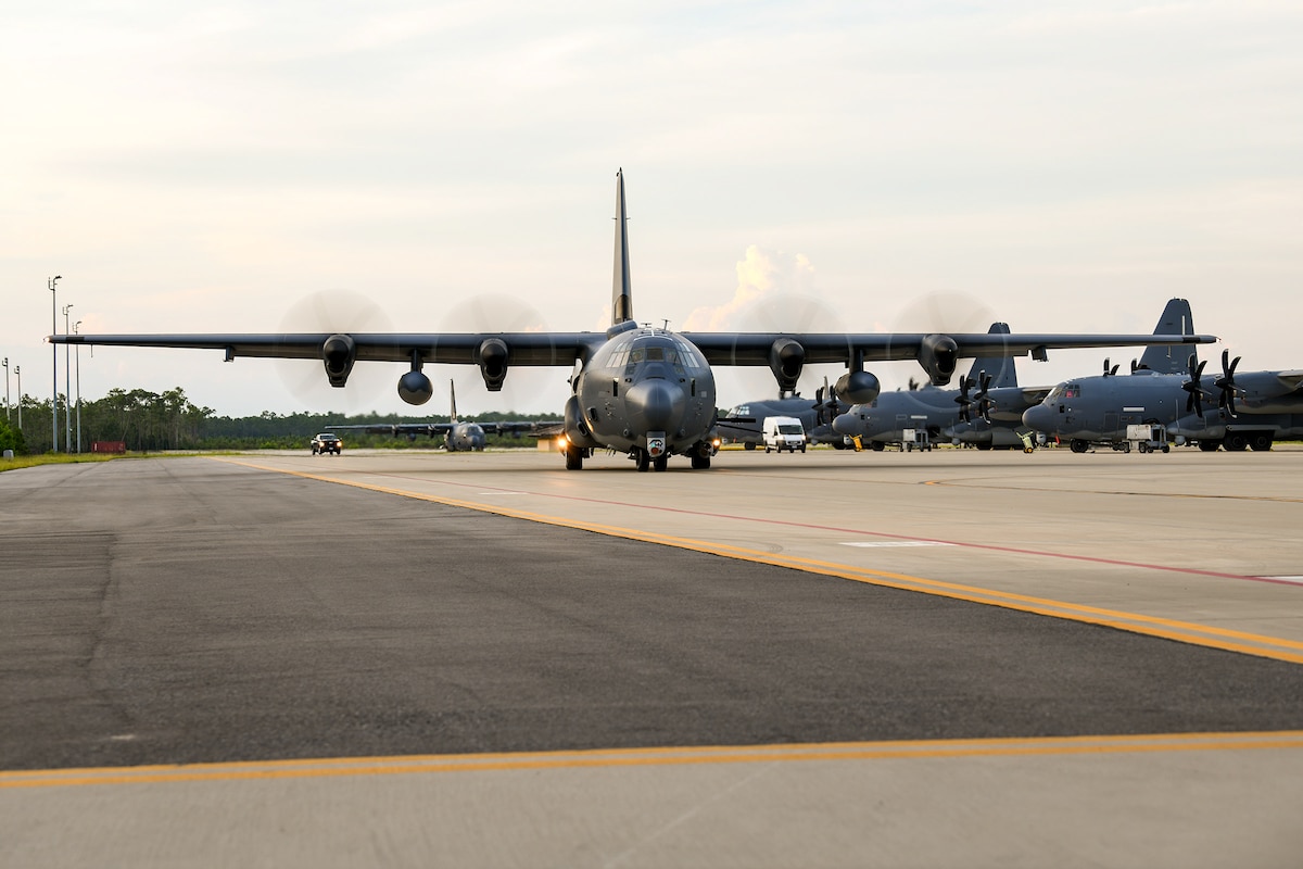 An AC-130J aircrew assigned to the  919h Special Operations Wing taxis an AC-130J Ghostrider gunship at Hurlburt Field, Florida, July 9, 2025. The wing’s mission is evolving and now includes an operational AC-130J squadron based at Hurlburt Field marked by a ceremony held July 11, 2025. The AC-130J provides ground forces an expeditionary, direct-fire platform that is persistent, ideally suited for urban operations and delivers precision low-yield munitions against ground targets. (U.S. Air Force photo by Lt. Col. James Wilson)