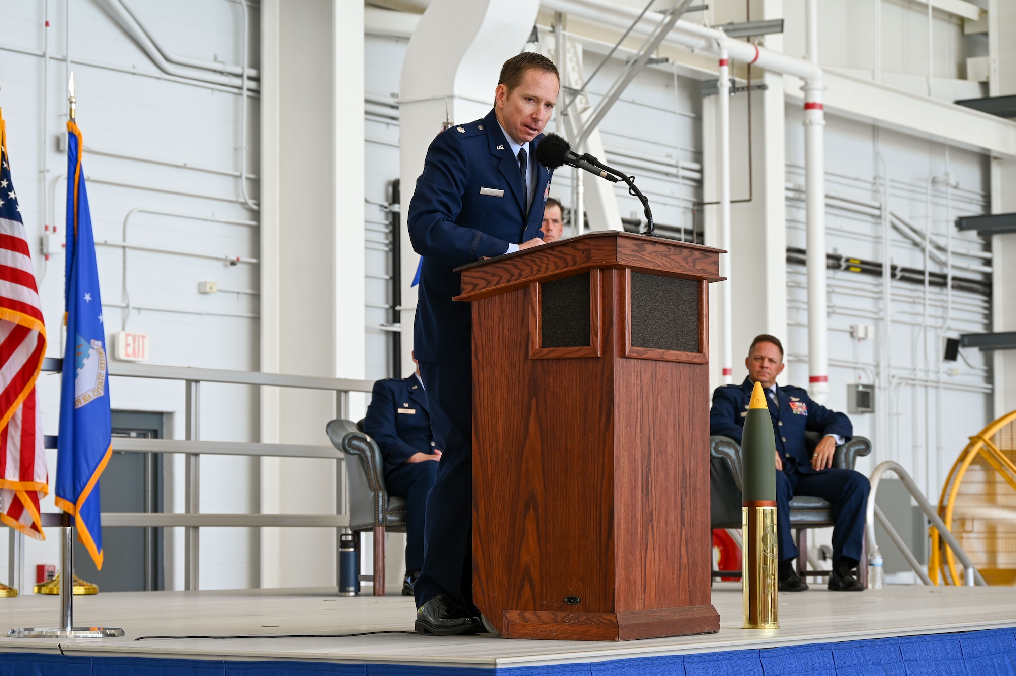 U.S. Air Force Lt. Col. Jason Fox, incoming 711th Special Operations Squadron commander, delivers his first remarks during a change of command ceremony at Hurlburt Field, Florida, June 27, 2025. In addition to the change of command, the event marked the squadron’s transition to an operational AC-130J Ghostrider gunship mission.  (U.S. Air Force photo by Liz Easterling)