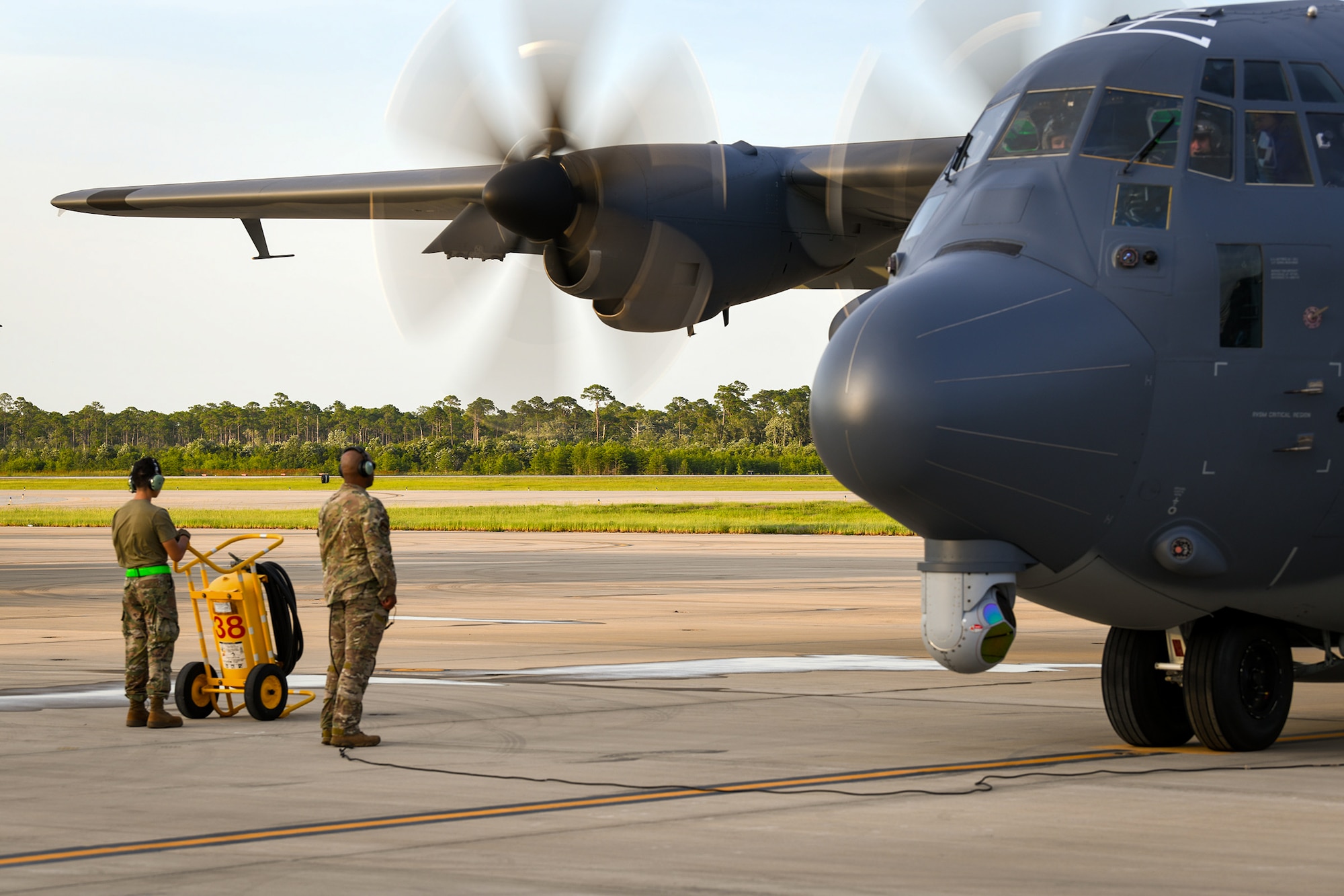 Reservists from the 919th Special Operations Wing perform pre-flight checks on an AC-130J Ghostrider gunship prior to a local training mission at Hurlburt Field, Florida, July 9, 2025. The wing’s mission is evolving and now includes an operational AC-130J squadron based at Hurlburt Field marked by a ceremony held July 11, 2025. The Reserve flew the AC-130 gunship for two decades and nearly 30 years later, it will now resume its role as mission partners with active duty aircrew and maintainers almost 30 years later. (U.S. Air Force photo by Lt. Col. James Wilson)