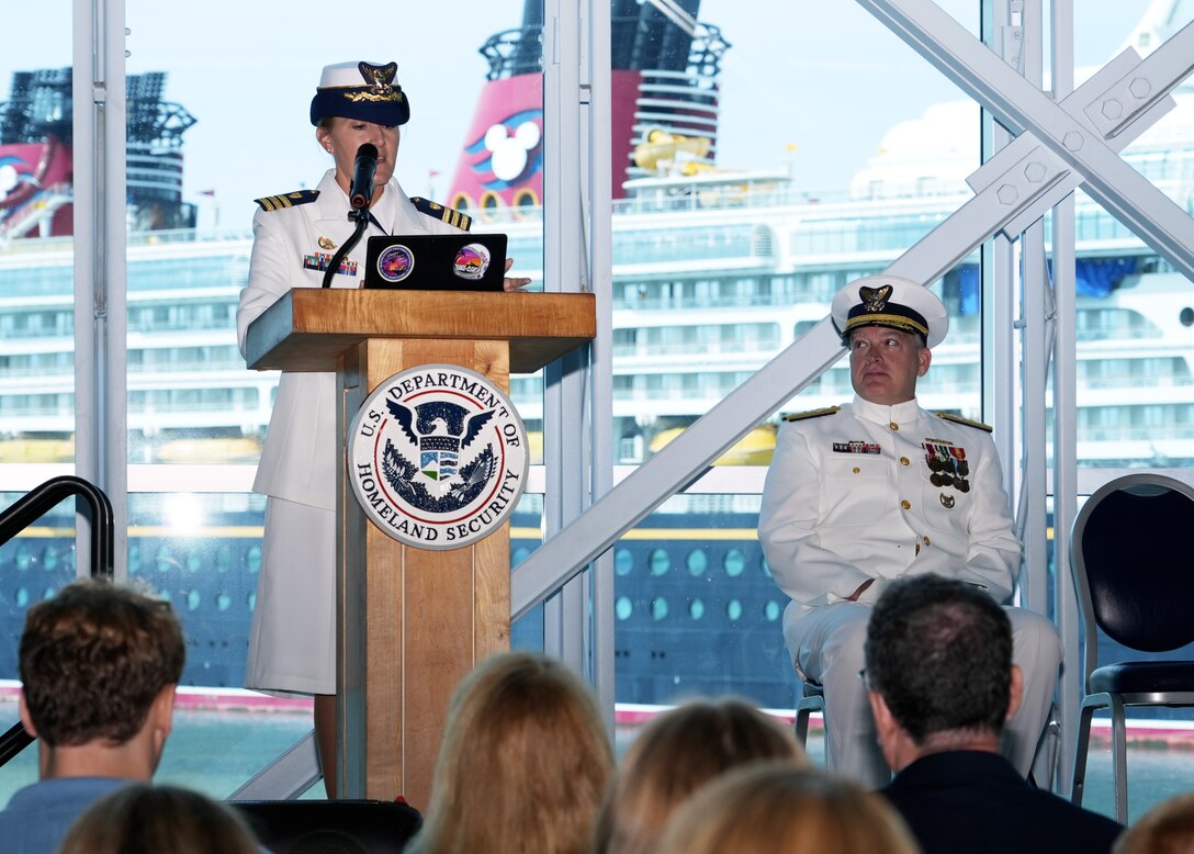 Cmdr. Matthew Zinn assumes command of Coast Guard Marine Safety Unit Port Canaveral from Cmdr. Sarah Brennan during a change of command ceremony in Port Canaveral, Florida, July 11, 2025.