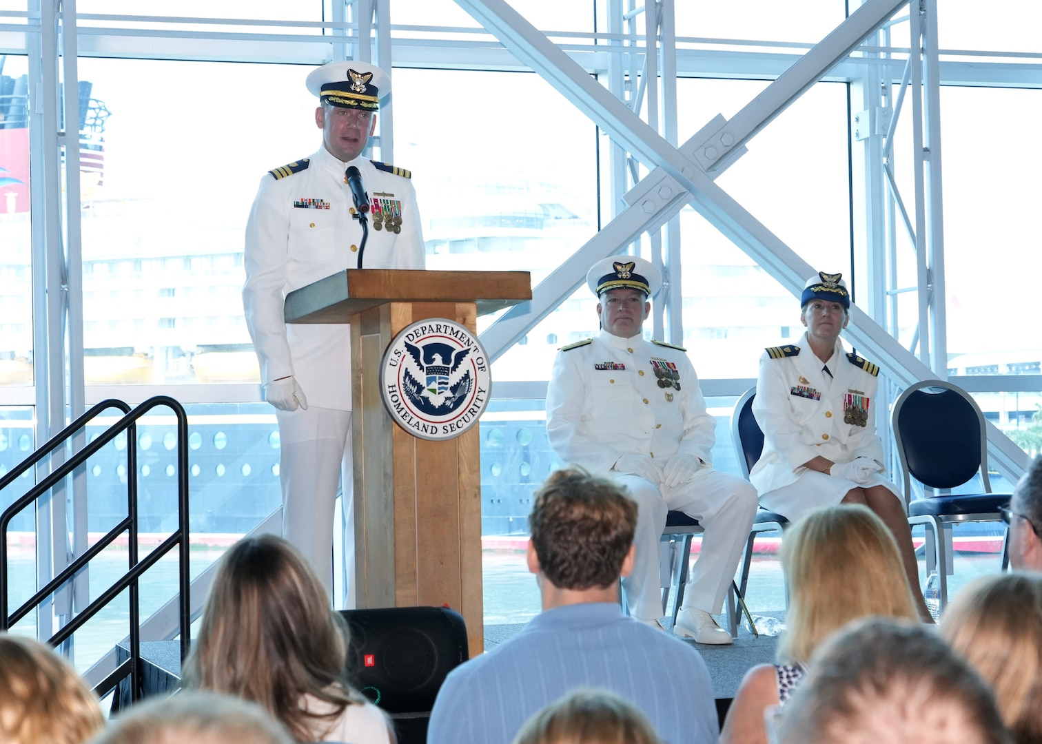 Cmdr. Matthew Zinn assumes command of Coast Guard Marine Safety Unit Port Canaveral from Cmdr. Sarah Brennan during a change of command ceremony in Port Canaveral, Florida, July 11, 2025.