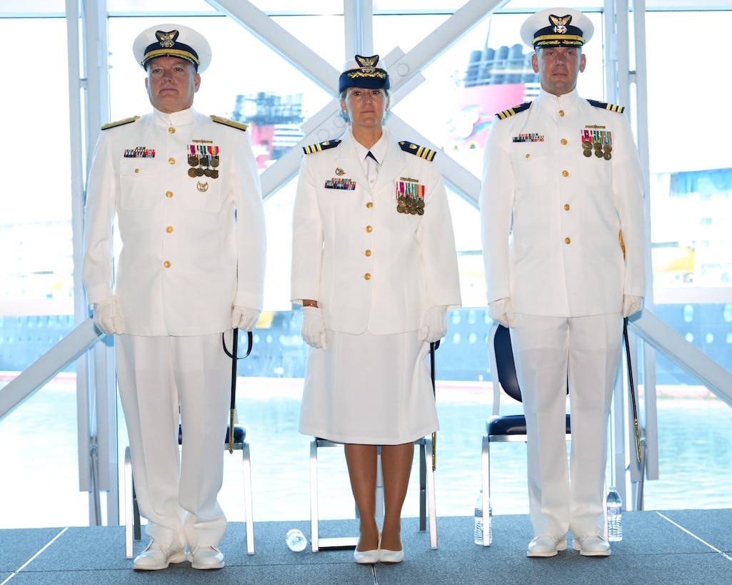 Cmdr. Matthew Zinn assumes command of Coast Guard Marine Safety Unit Port Canaveral from Cmdr. Sarah Brennan during a change of command ceremony in Port Canaveral, Florida, July 11, 2025.