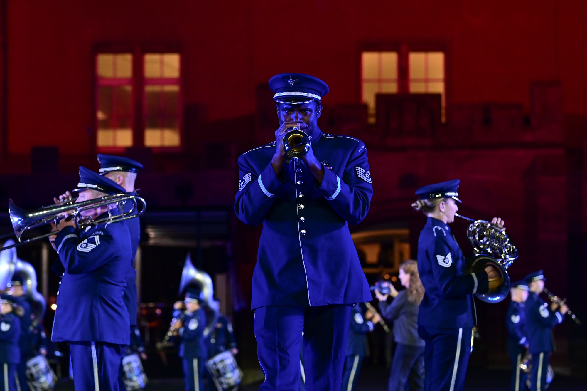 photo of a U.S. Air Force Band member playing the trumpet