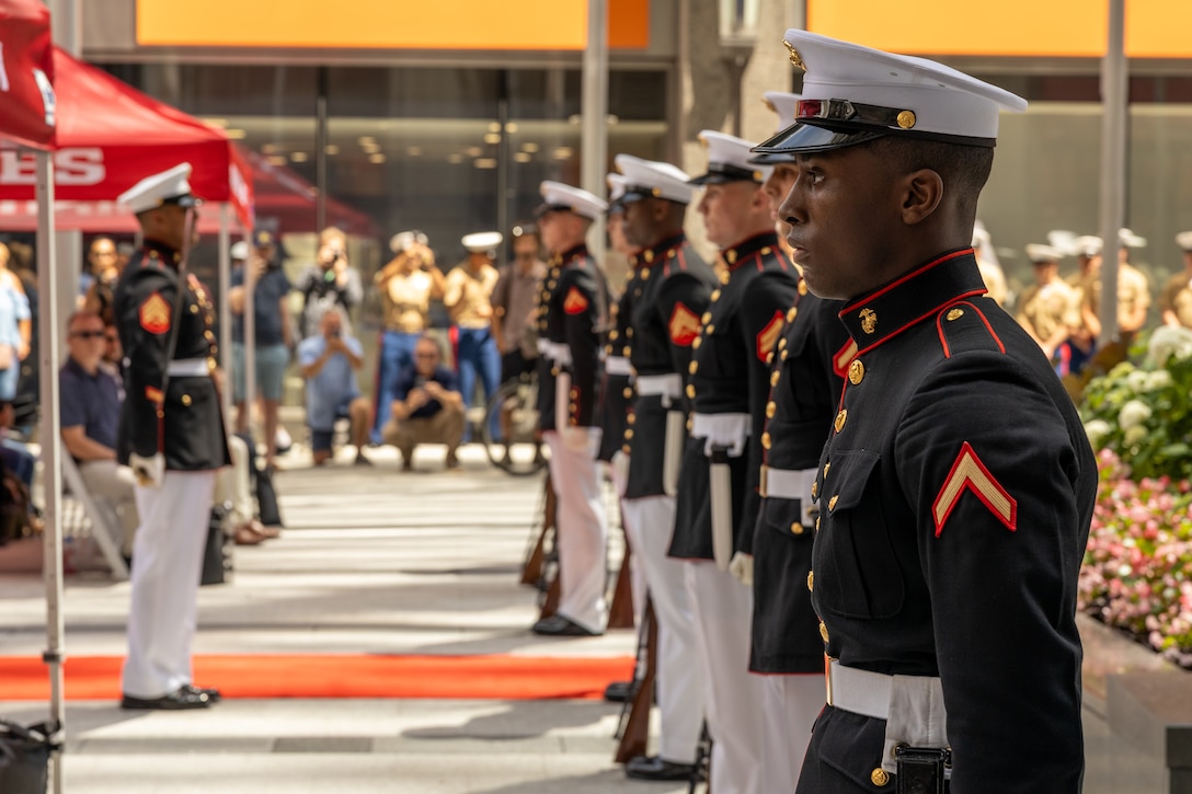 U.S Marines with the Silent Drill Platoon perform at the opening ceremony of Marine Week Chicago, July 10, 2025. Throughout the year Marines across the globe will celebrate the 250th birthday of the Corps, commemorating service, sacrifice, and priding themselves on living ‘Semper Fidelis’ or ‘Always Faithful’ to their nation and to each other.