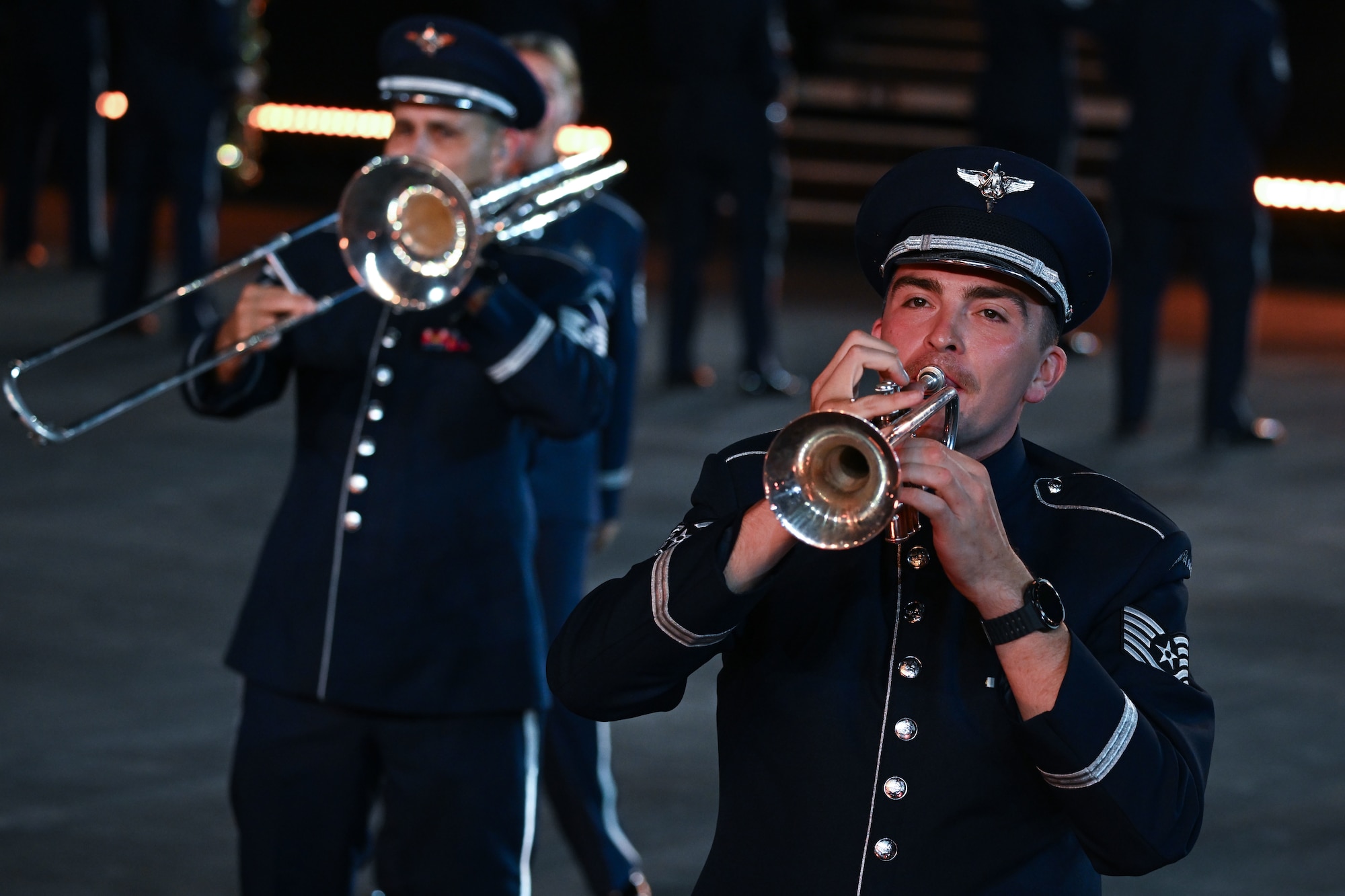 photo of a U.S. Air Force Band member playing the trumpet