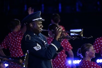 photo of a U.S. Air Force Band member playing the trumpet