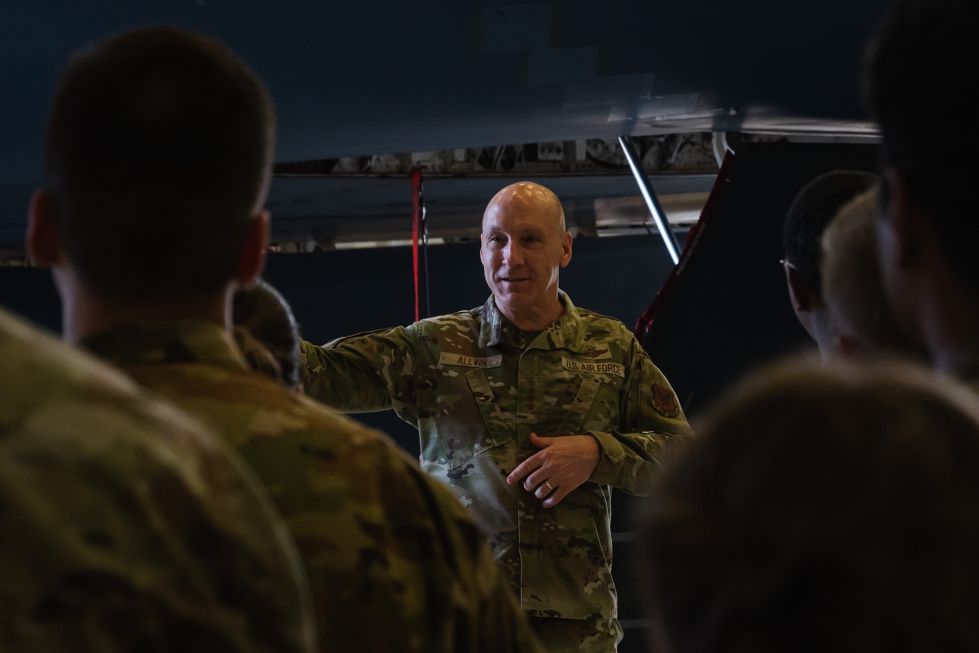 U.S. Air Force Chief of Staff Gen. David Allvin speaks with Airmen at Whiteman Air Force Base, Missouri, July 10, 2025.