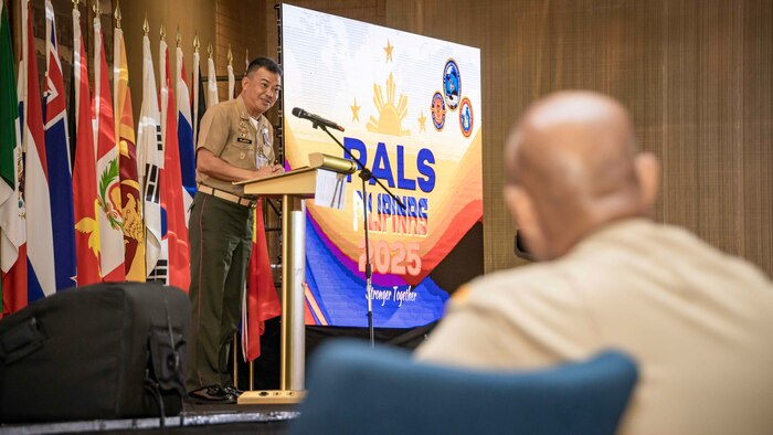 The 37th Commandant of the Philippine Marine Corps, Maj. Gen. Vicente Blanco, gives remarks during the closing ceremony at the 11th iteration of the Pacific Amphibious Leaders Symposium, Manila, Philippines, July 10, 2025. Bringing together experts and leaders from across the Indo-Pacific, PALS fosters collaboration among Allied and partner amphibious and maritime forces to share knowledge and recent operational insights. This year’s symposium hosted senior leaders from 23 participating nations who are committed to a free and open Indo-Pacific, with the objective of strengthening and developing regional relationships. (U.S. Marine Corps photo by Lance Cpl. Moses S. Lopez Franco)