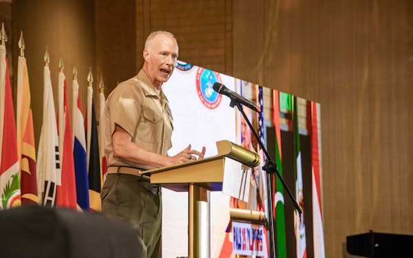 U.S. Marine Corps Lt. Gen. James Glynn, commander, U.S. Marine Corps Forces, Pacific, gives remarks during the closing ceremony at the 11th iteration of the Pacific Amphibious Leaders Symposium, Manila, Philippines, July 10, 2025. Bringing together experts and leaders from across the Indo-Pacific, PALS fosters collaboration among Allied and partner amphibious and maritime forces to share knowledge and recent operational insights. This year’s symposium hosted senior leaders from 23 participating nations who are committed to a free and open Indo-Pacific, with the objective of strengthening and developing regional relationships. (U.S. Marine Corps photo by Lance Cpl. Moses S. Lopez Franco)