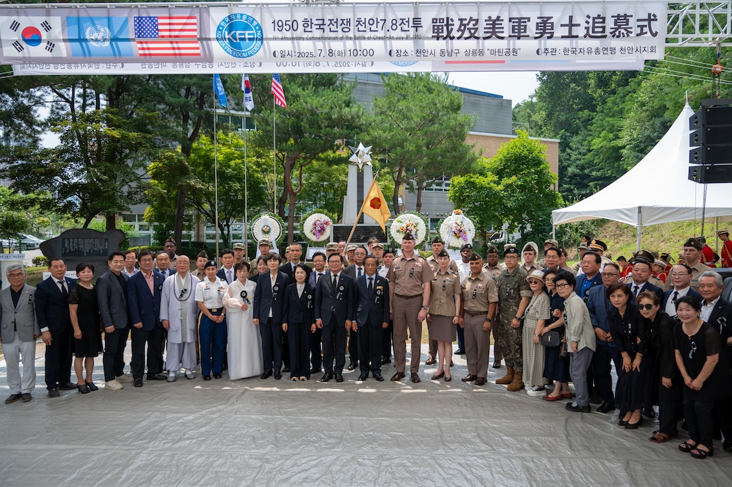 U.S. Army and Republic of Korea Soldiers, along with city officials and community members, pose for a group photo to conclude the 75th anniversary Commemoration of the Battle of Cheonan, Cheonan City, South Korea, July 8, 2025.