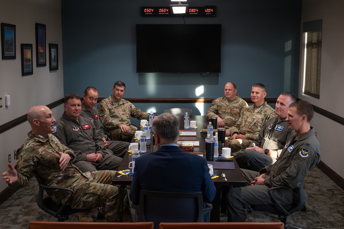Secretary of the Air Force Troy Meink and Air Force Chief of Staff Gen. David Allvin meet with members of the 509th and 131st Bomb Wing leadership team at Whiteman Air Force Base, Missouri, July 10, 2025.