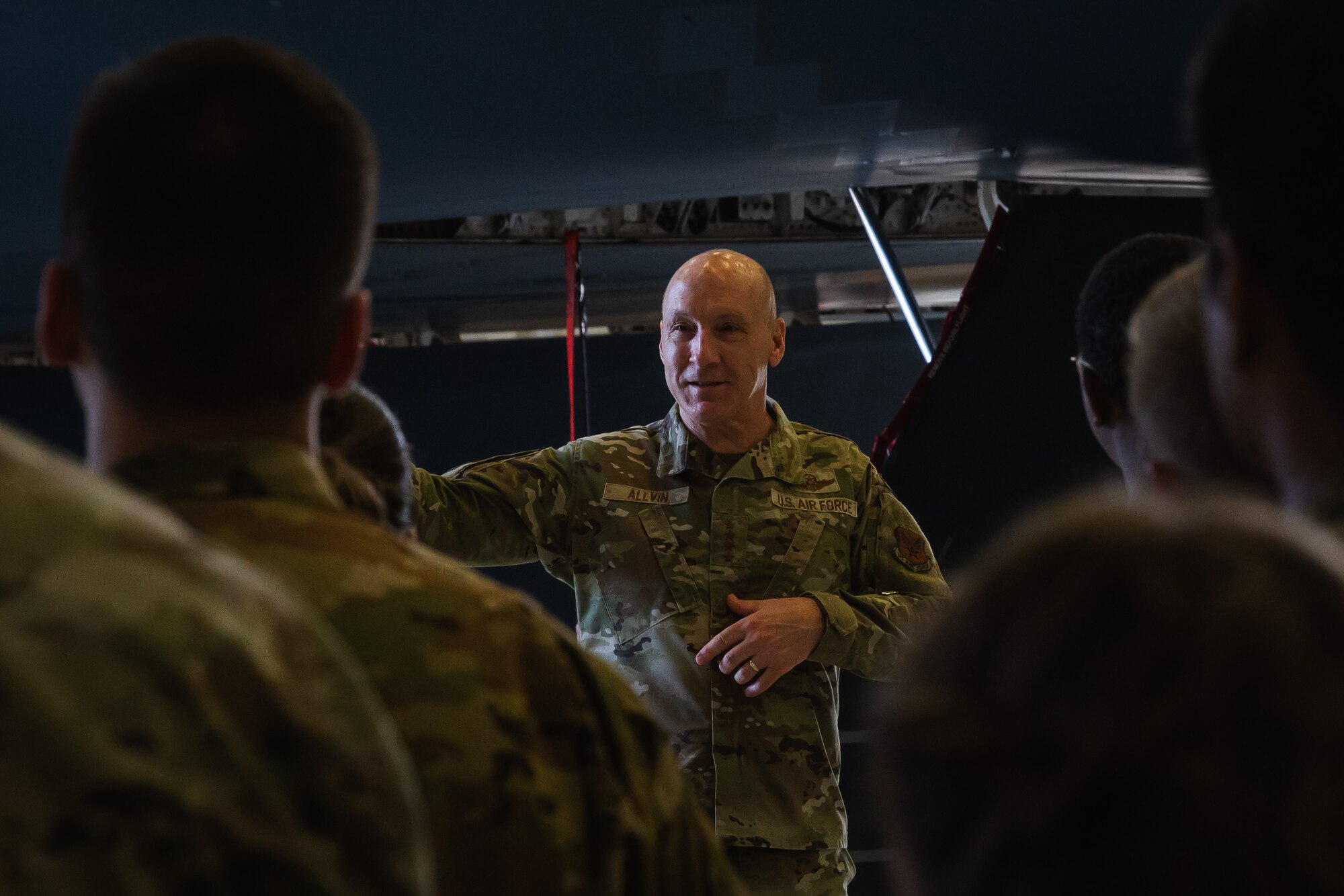 U.S. Air Force Chief of Staff Gen. David Allvin speaks with Airmen at Whiteman Air Force Base, Missouri, July 10, 2025.