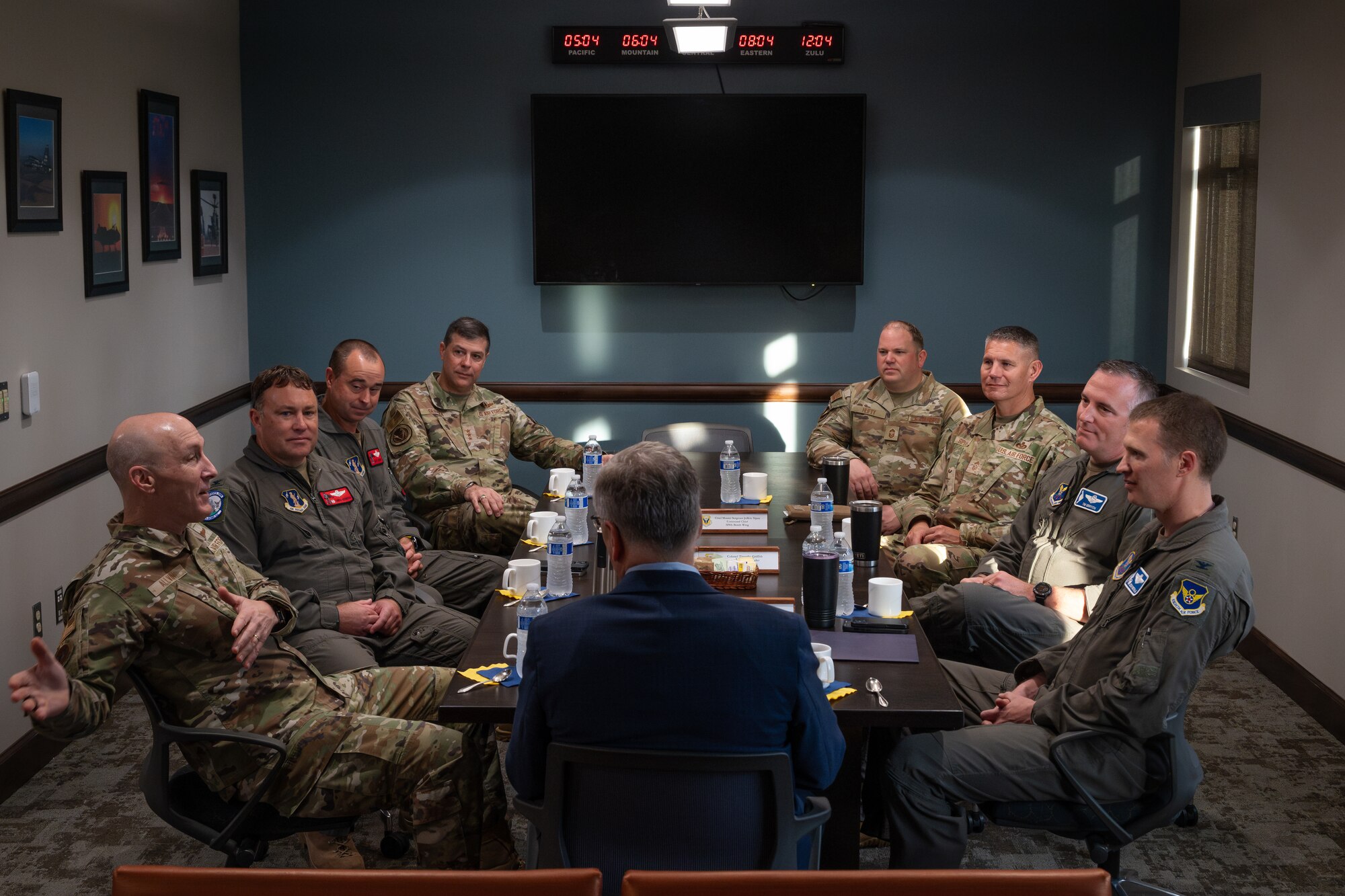 Secretary of the Air Force Troy Meink and Air Force Chief of Staff Gen. David Allvin meet with members of the 509th and 131st Bomb Wing leadership team at Whiteman Air Force Base, Missouri, July 10, 2025.