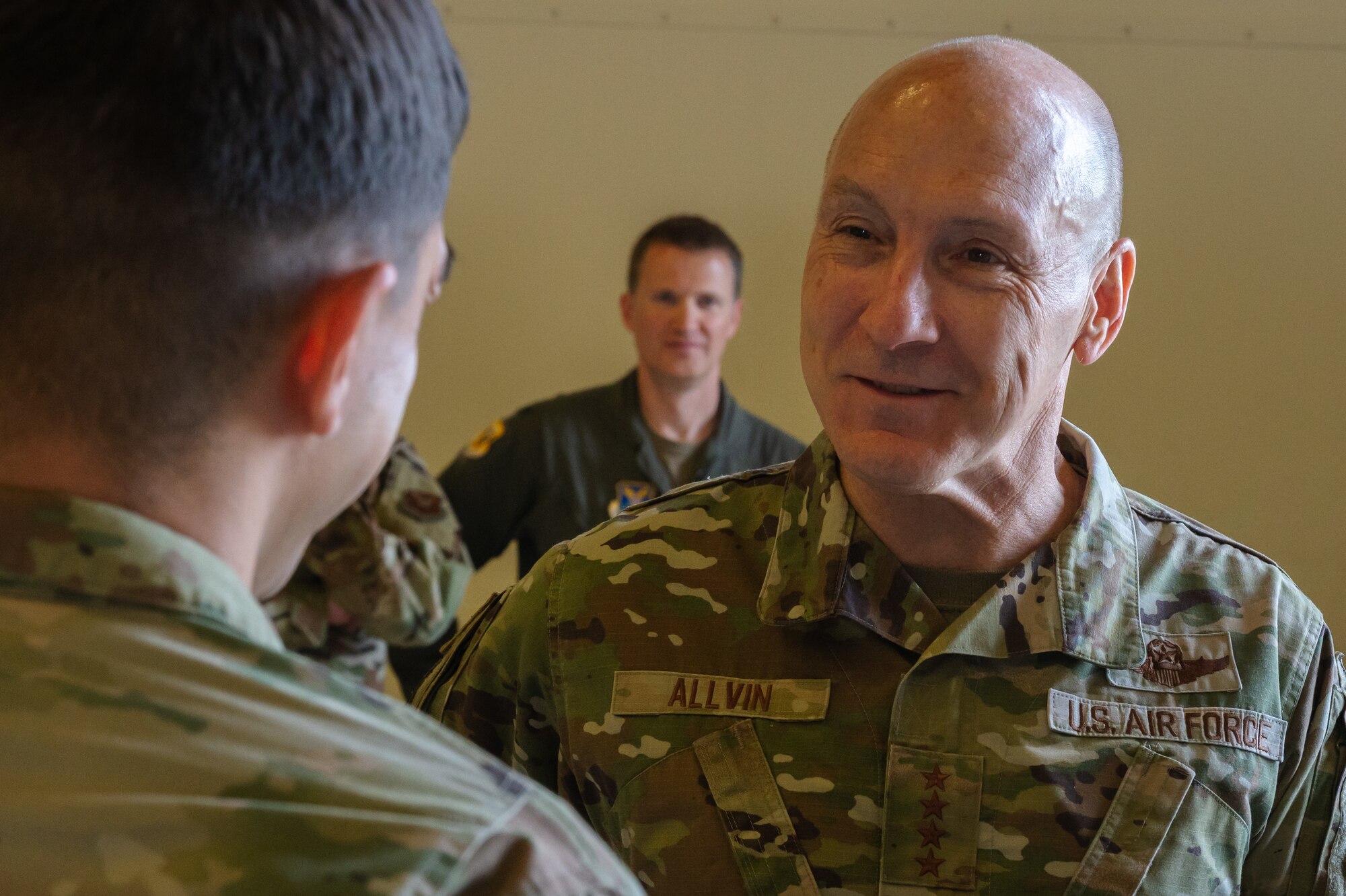 U.S. Air Force Chief of Staff Gen. David Allvin shakes hands with an Airman at Whiteman Air Force Base, Missouri, July 10, 2025.