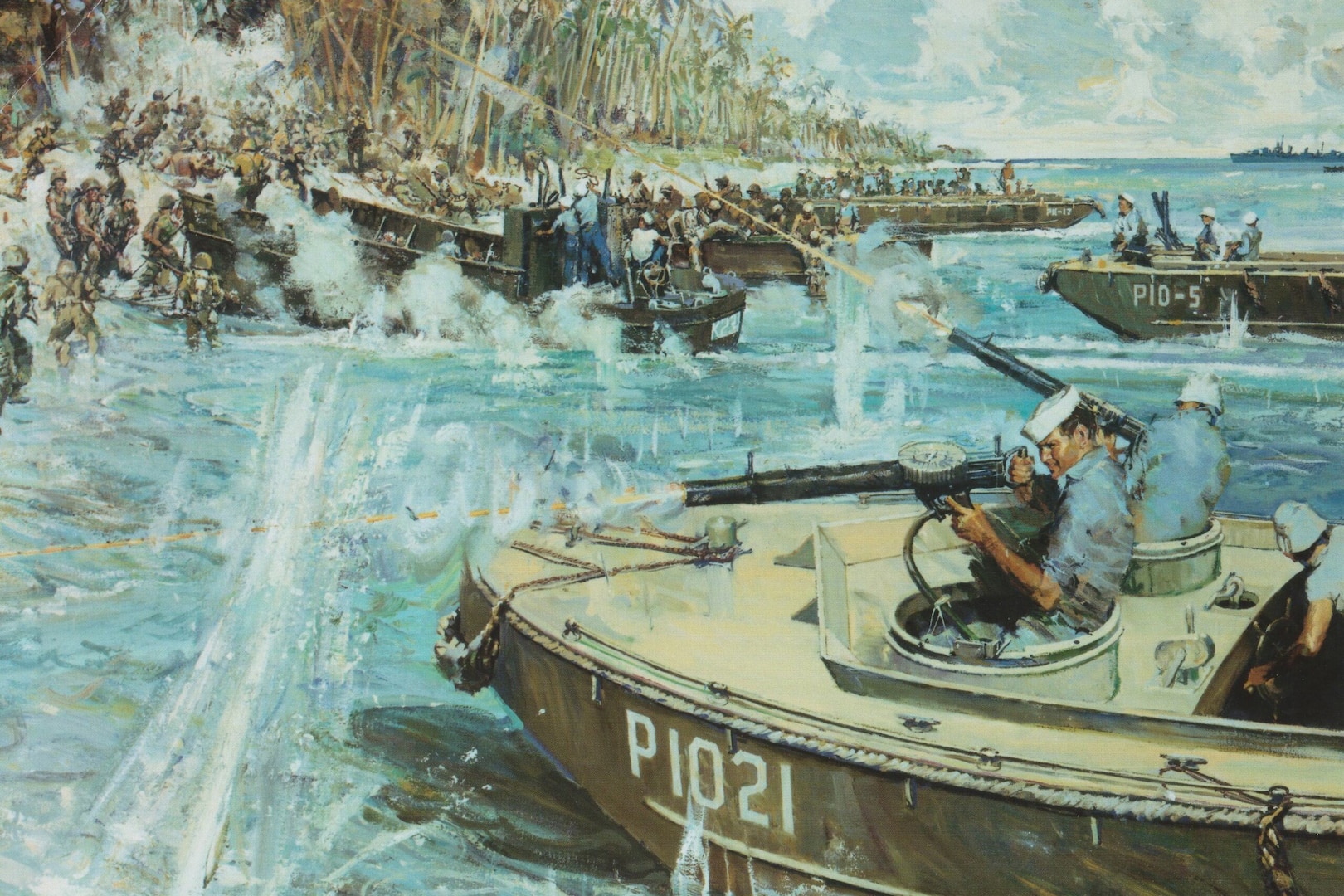 A painting shows Coast Guardsmen in small boats shooting guns as Marines prepare to board vessels from a tropical island.