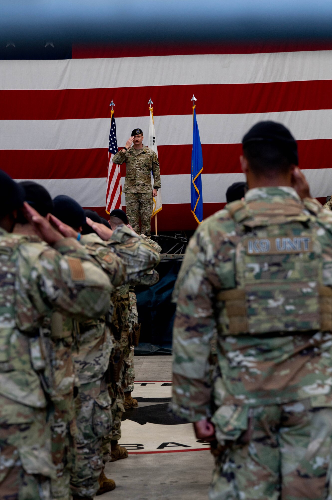 U.S. Air Force Lt. Col. Ryan Kiggins, 8th Security Forces Squadron commander, receives a first salute from members of the 8th SFS during a change of command ceremony
