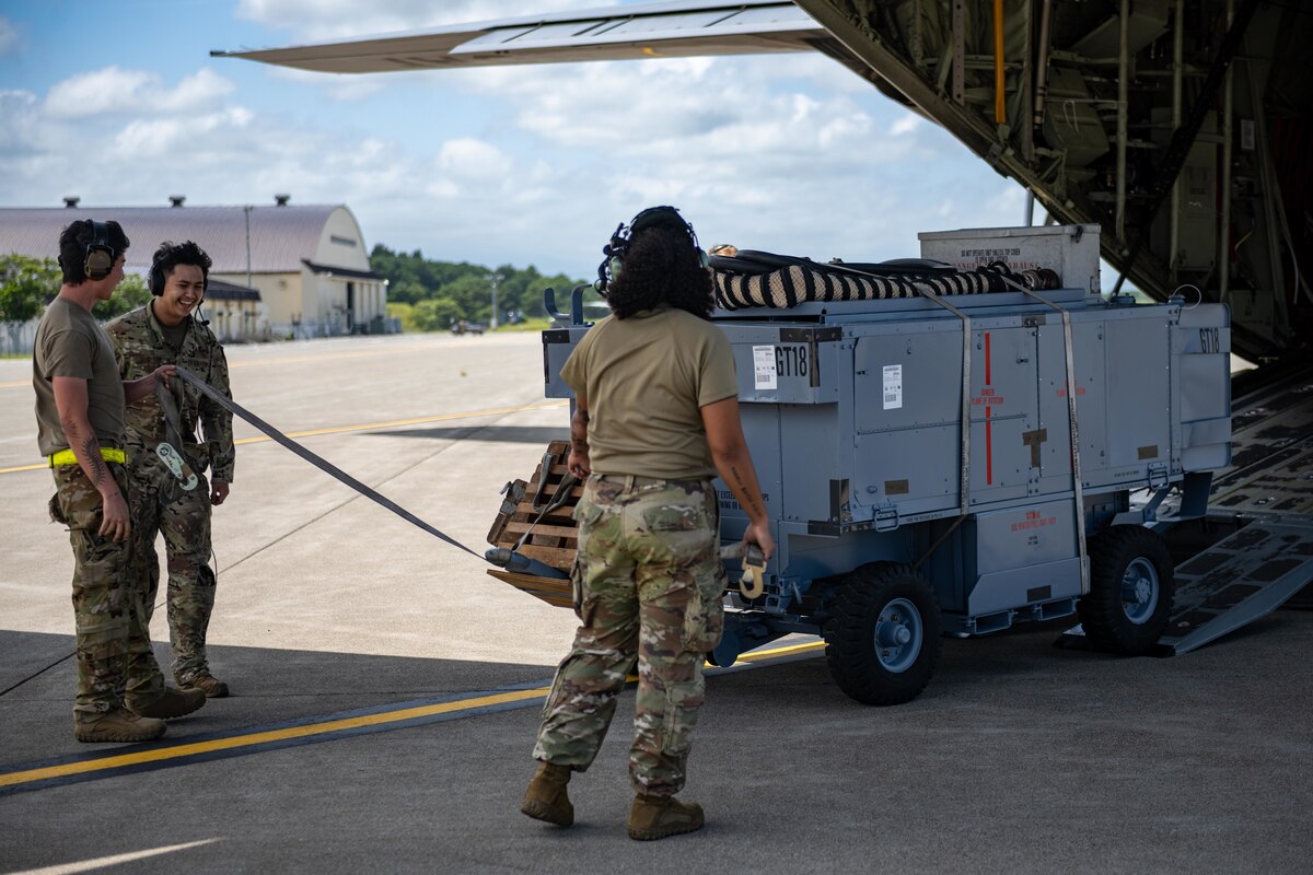 U.S. Air Force Airmen assigned to the 36th Airlift Squadron offload cargo from a U.S. Air Force C-130J Super Hercules in support of exercise Resolute Force Pacific (REFORPAC) 2025 at Misawa Air Base, Japan, July 10, 2025.